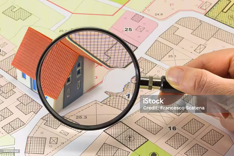 Povećalo iznad tlocrta katastarskog plana koji prikazuje maketu kuće, simbolizirajući provjeru i legalizaciju objekta.